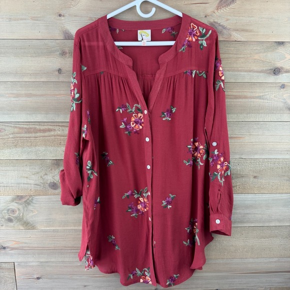 fig and flower Tops - Fig & Flower‎ Womens Shirt Roll Tab Sleeve Button Up Embroidered Floral Boho 2X